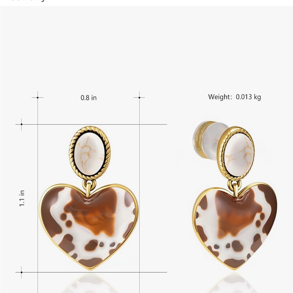 New Wrangler Western Cow Print Heart Dangle Earrings - Picture 4 of 7